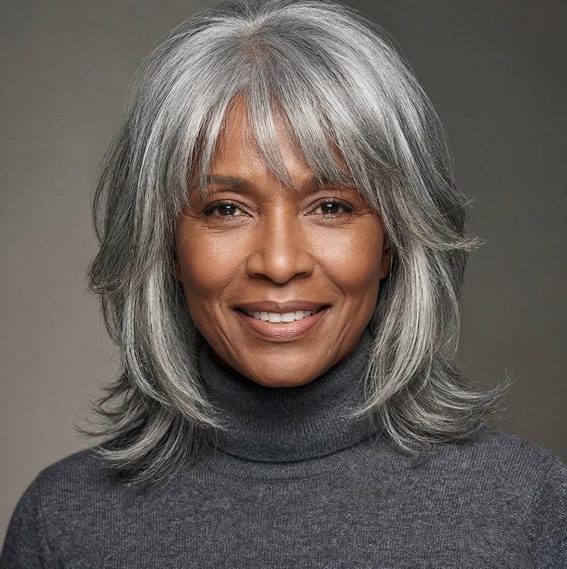 Softly Layered Gray Wolf Cut on a Mature Woman, Featuring a Gentle, Polished Silhouette