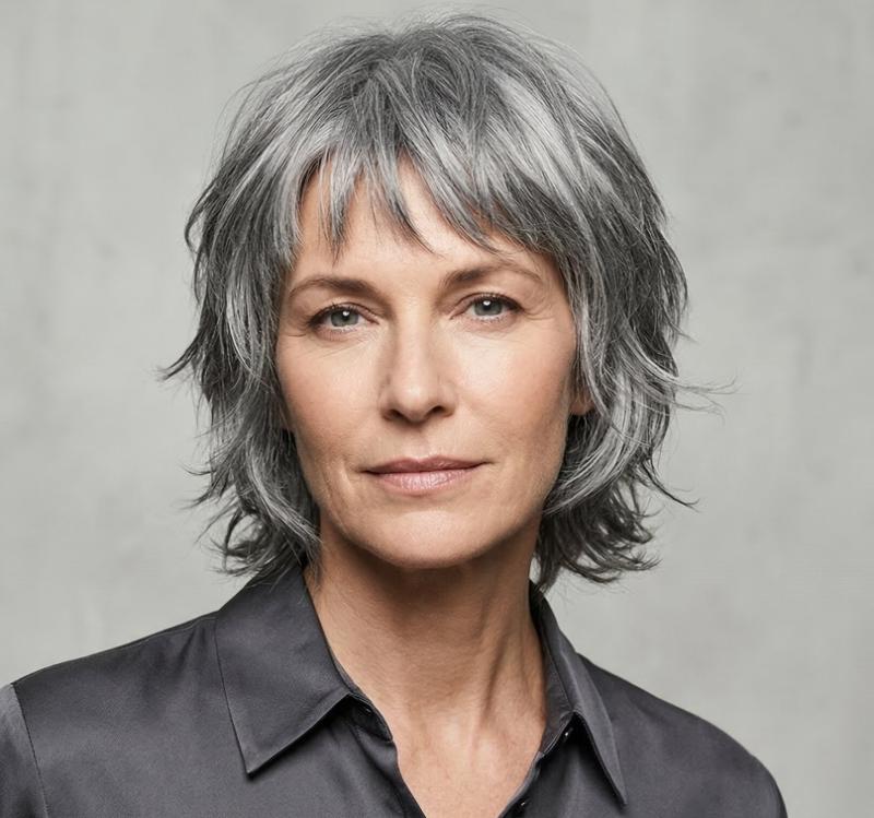 Short, Textured Gray Wolf Cut Highlighting Natural Gray Tones with a Playful, Modern Edge