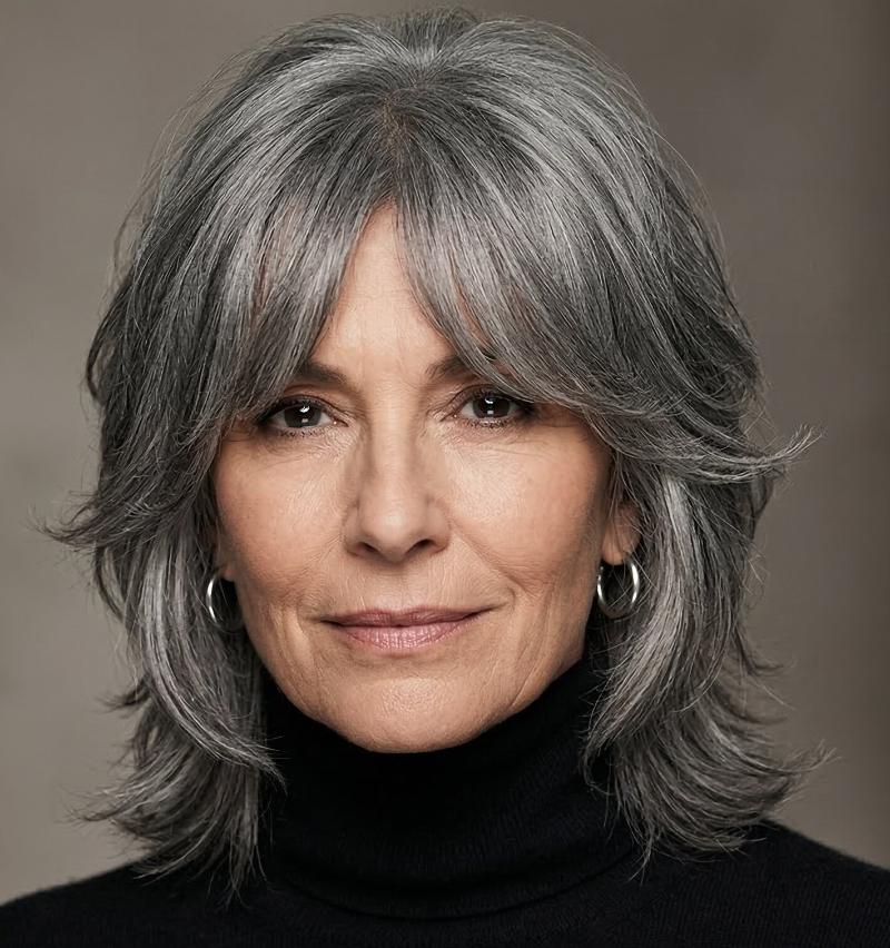 Medium Gray Wolf Cut Featuring Soft Curtain Fringe That Naturally Frames the Face