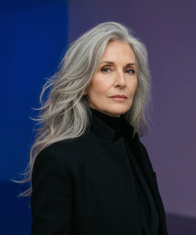 Long, Layered Gray Wolf Cut Demonstrating a Flowing Shape and Fluid Movement