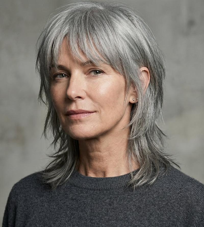 Razor-Cut Gray Wolf Hairstyle with Sharp, Highly Textured Layered Edges