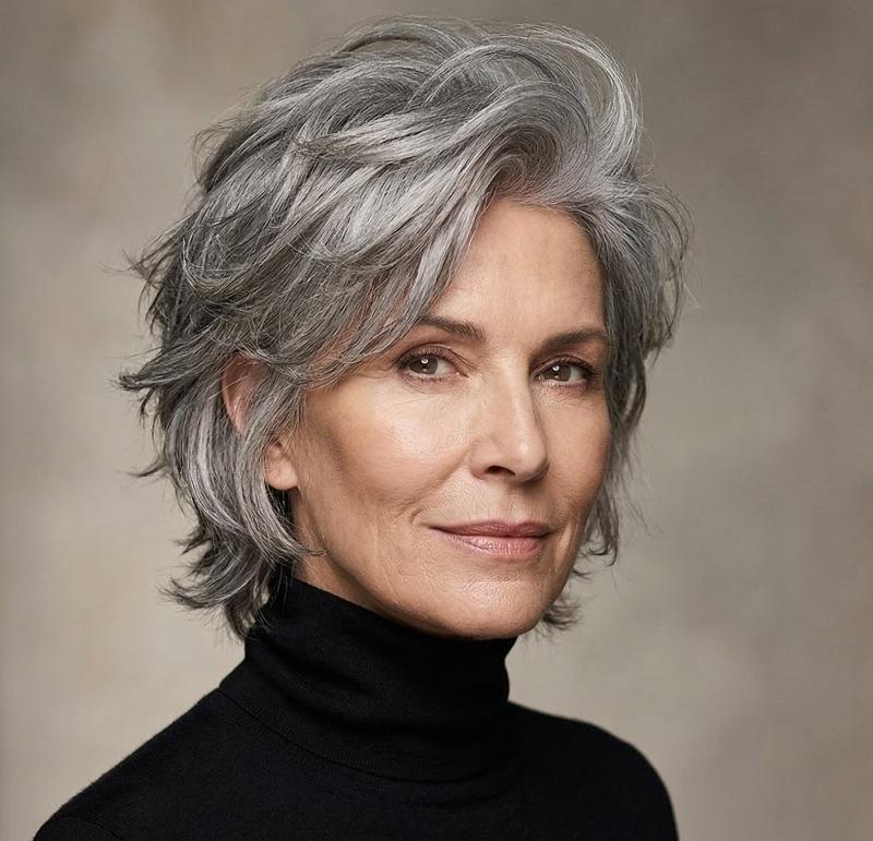 Short, Textured Gray Wolf Cut with Lively Volume Concentrated at the Crown