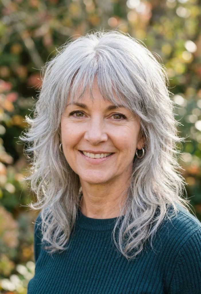 Medium-Length Gray Wolf Cut with Airy, Feathered Layers Softly Framing the Face