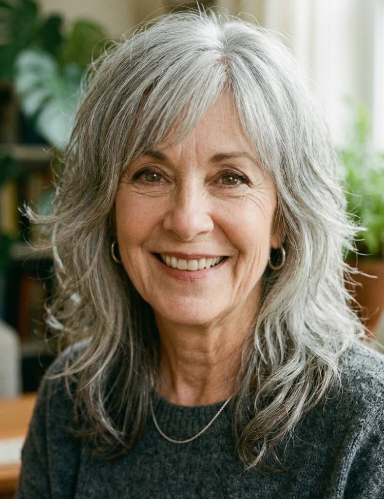 Soft Silver Wolf Cut with Gentle Face-Framing Layers Highlighting Shiny Hair