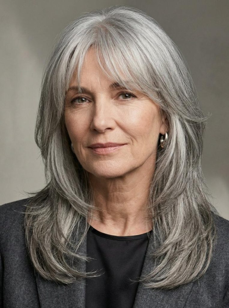 Long Gray Wolf Cut Accented with Light, Delicate Wispy Fringe