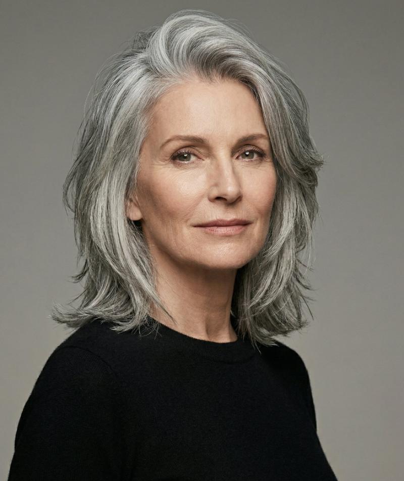 Shoulder-Length Gray Wolf Cut Featuring Dynamic Lift and Volume at the Crown