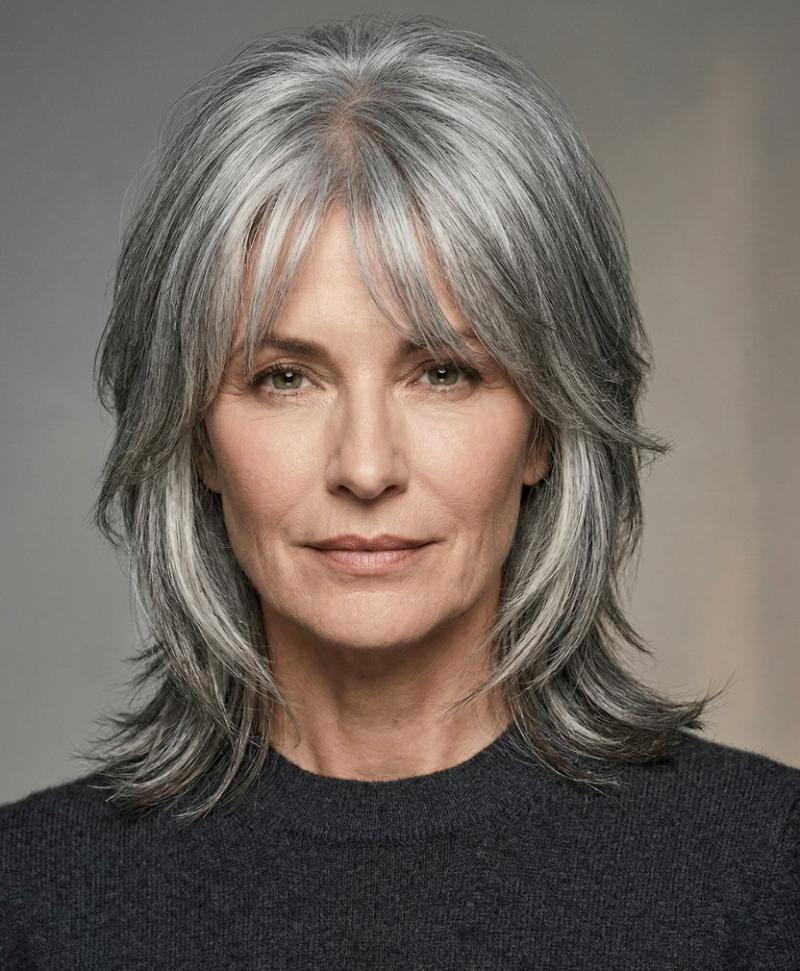 Natural Gray Wolf Cut with Soft Bangs Blending Effortlessly into Relaxed Layers