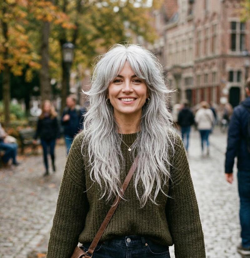 Long Silver Wolf Cut Featuring Relaxed Layers and Elegant Curtain Bangs