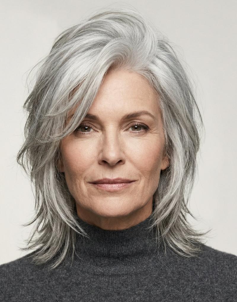 Silver Wolf Cut with a Shaggy, Voluminous Crown Adding Playful Height and Movement