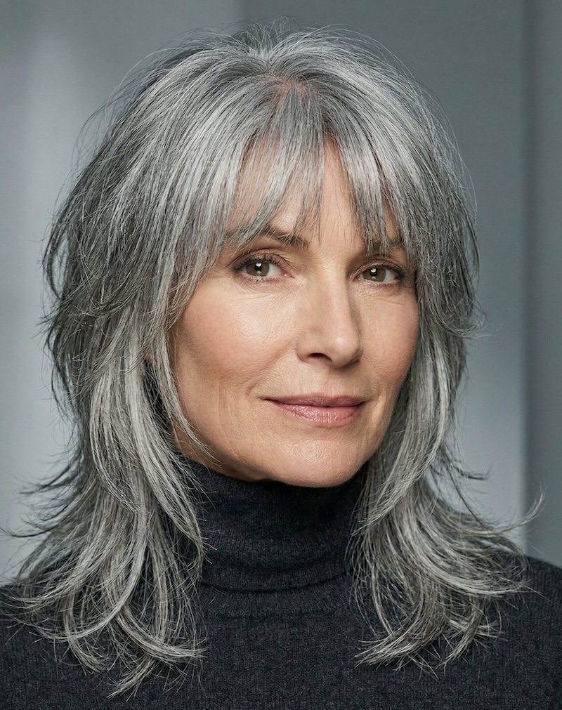 Playful Gray Wolf Cut with Light, Easy Layers That Showcase Bright Gray Strands