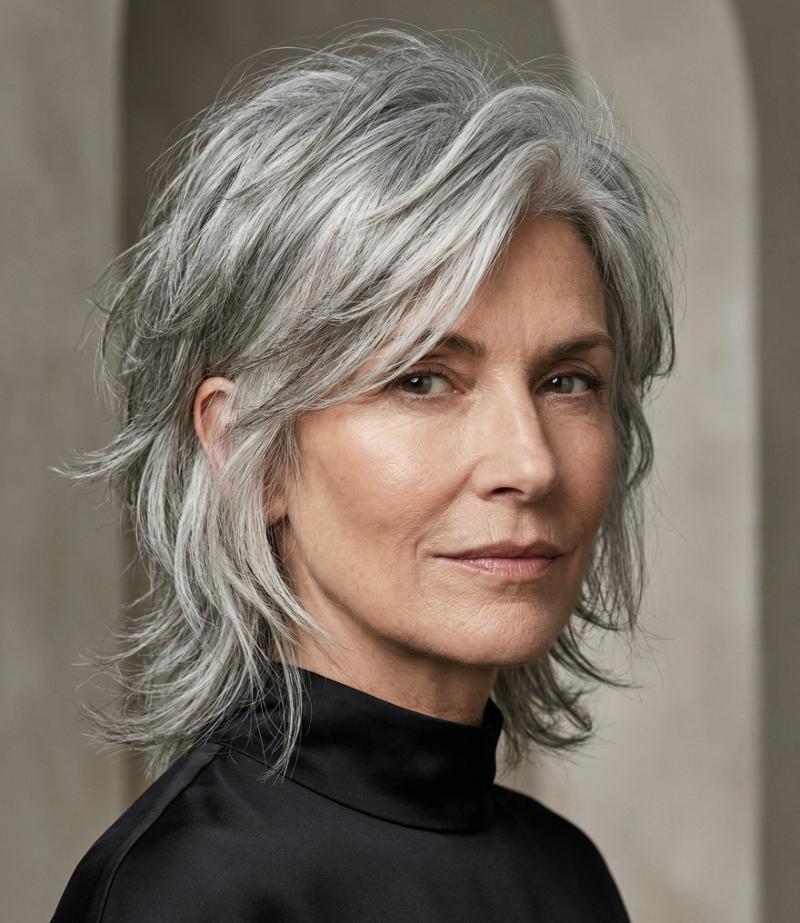 Short Wolf Shag for Gray Hair Featuring Choppy Layers and a Tousled Finish