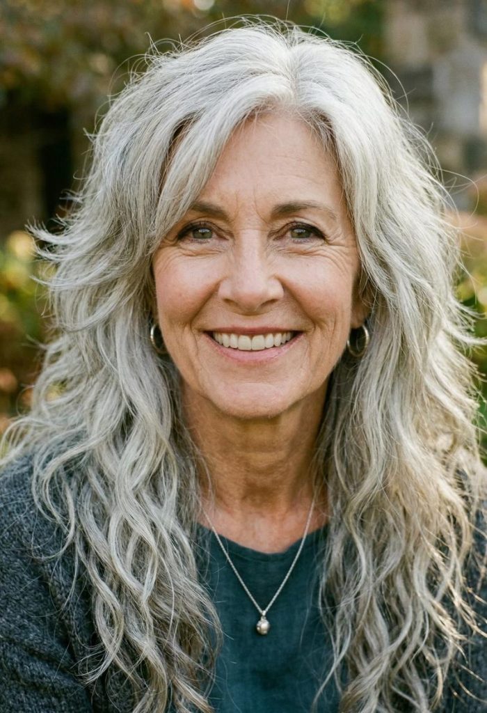 Long Silver Wolf Cut Cascading with Gentle, Soft Natural Waves