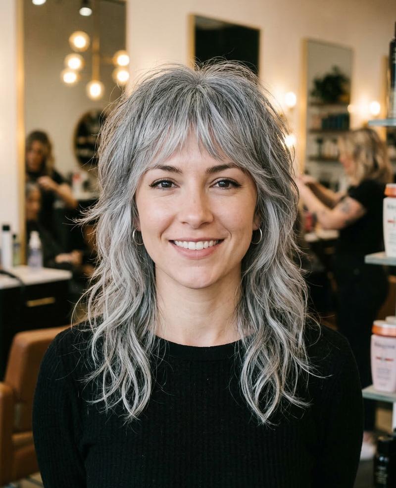 Textured Gray Wolf Cut Styled with Soft, Wispy Bangs for a Light and Modern Look
