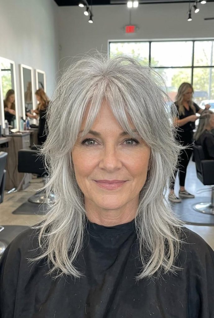 Choppy Gray Wolf Cut on Thick Hair, Showing Textured Movement without Heavy Bulk