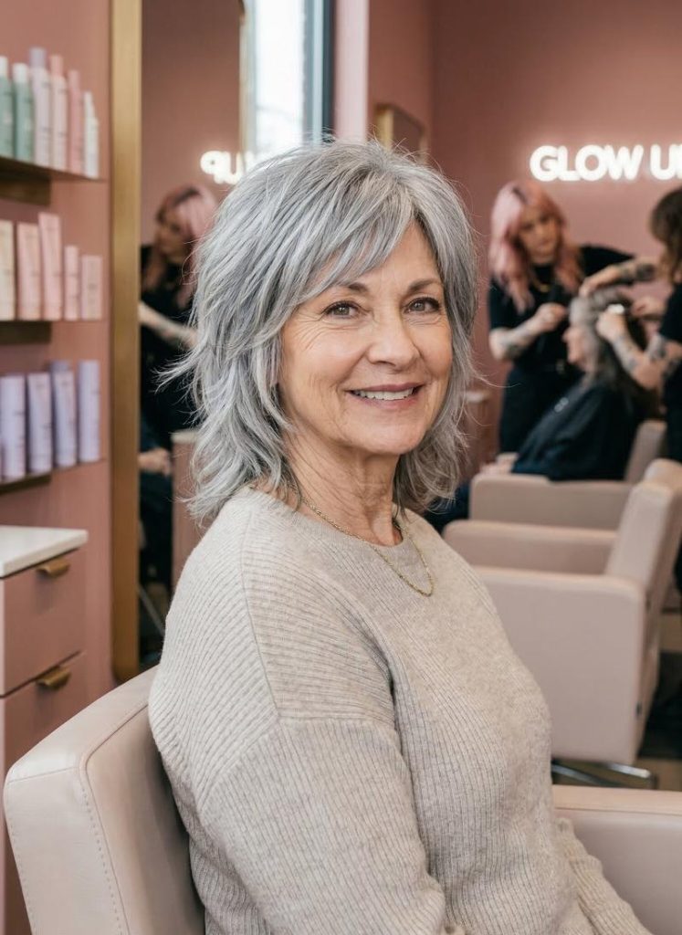 Layered Gray Wolf Cut Highlighting Soft, Face-Framing Pieces around the Cheekbones and Jawline