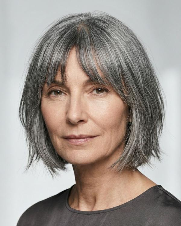 Dark Gray Bottleneck Bob Hair on Older Woman