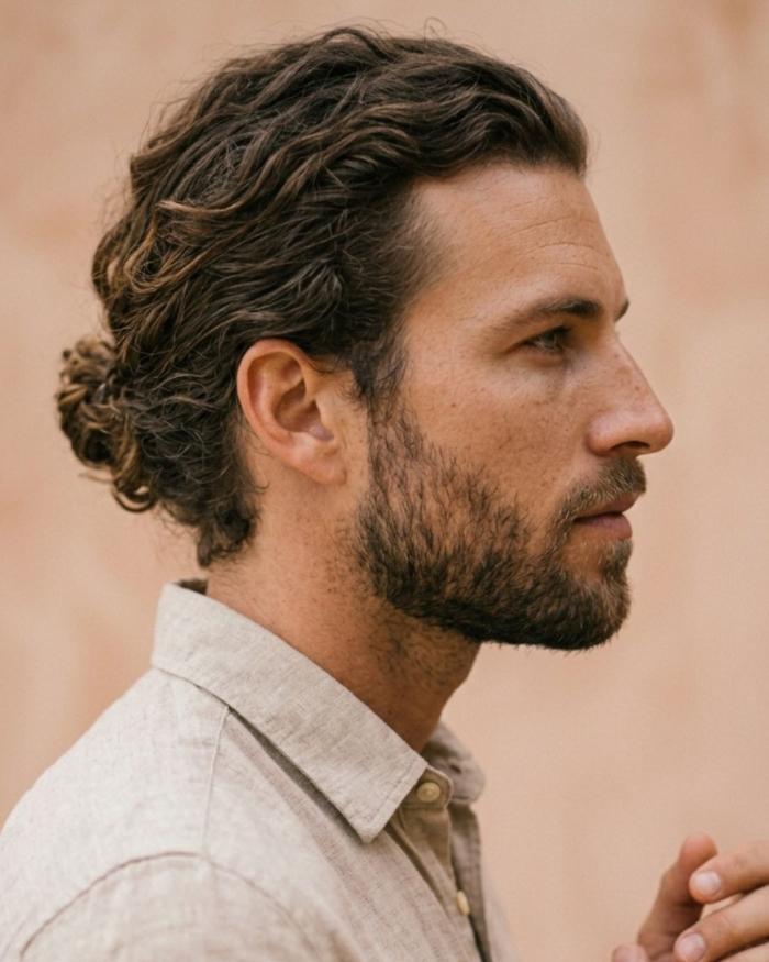 Gay Men Haircut Low Textured Messy Wavy Bun