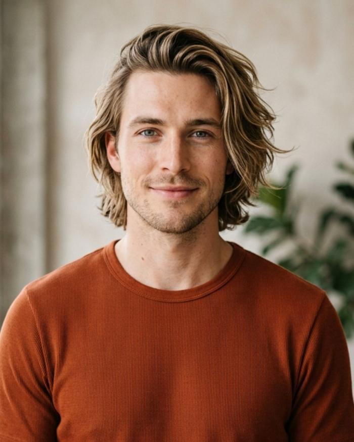 Gay Men Haircut Surfer Cut with Blonde Balayage Highlights
