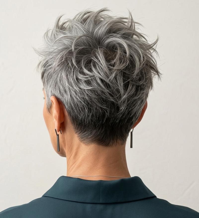 Back of Pixie Cuts Gray Hair Older Woman Over 50 Stacked Haircut