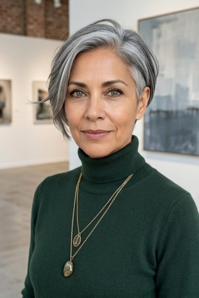Gray Asymmetrical Pixie Cut Over 50
