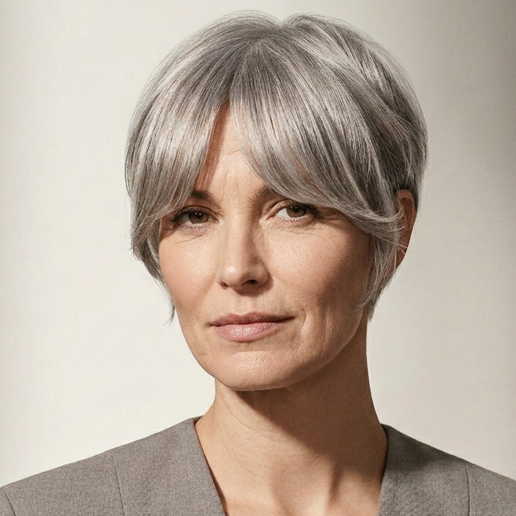 Gray Bottleneck-Bangs Pixie Haircut