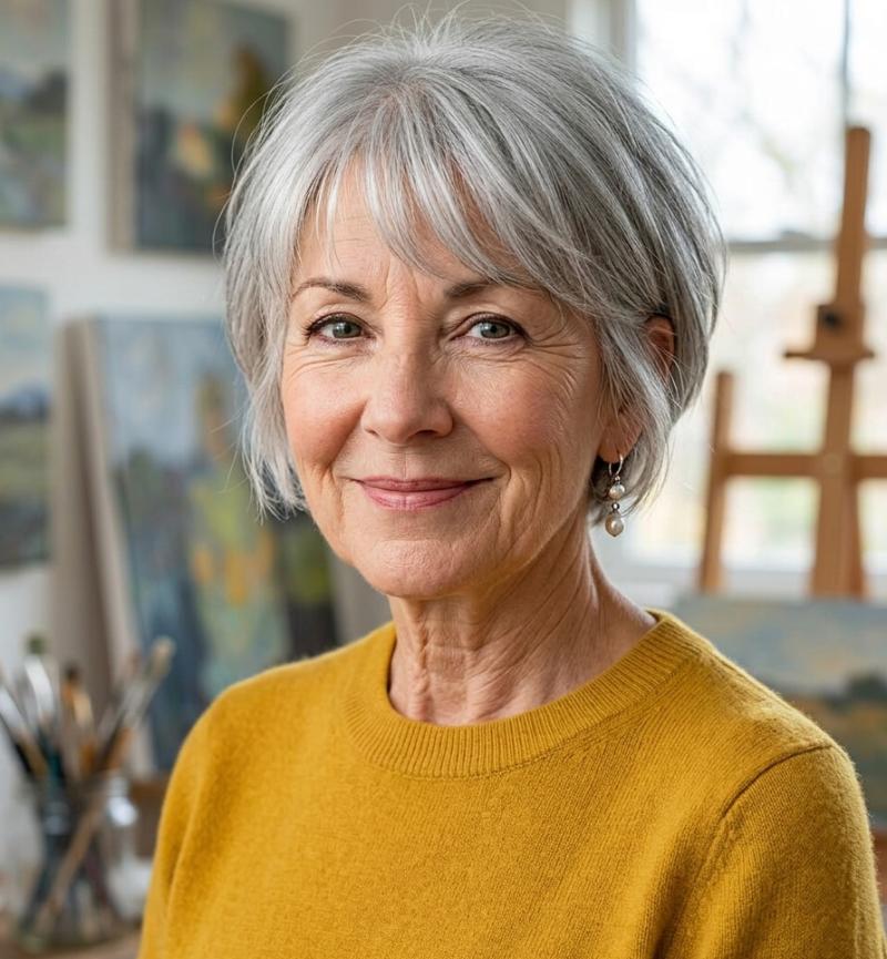 Gray Pixie Over 60 with Long Sideburns