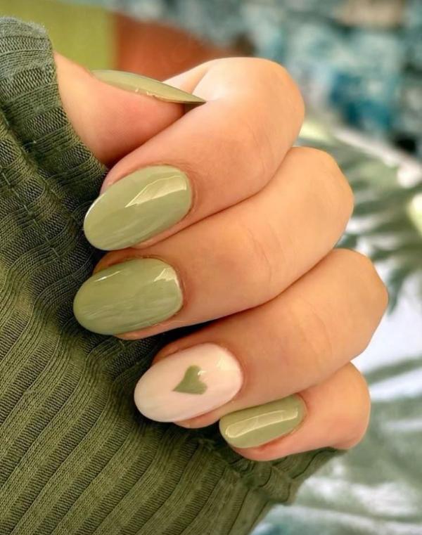Matcha Nails with Heart and Accent Nail