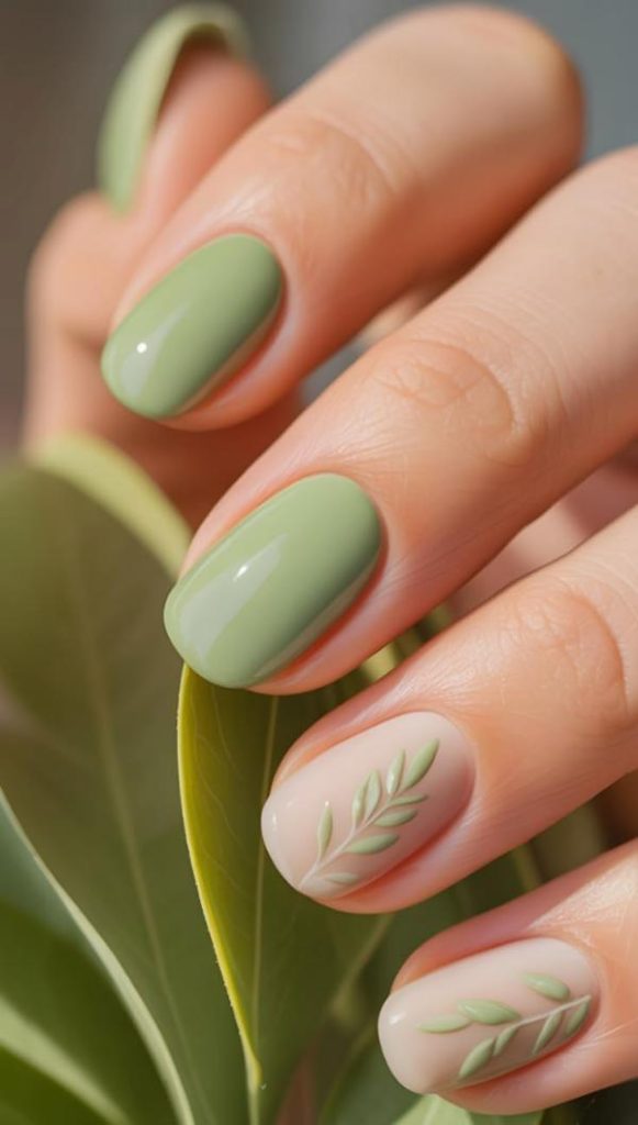 Matcha Nail Art with Leaves