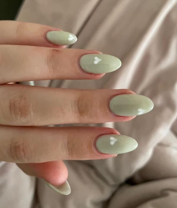 Matcha Nails with White Minimalistic Hearts