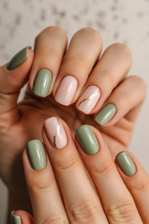 Matcha Nail Art with Gold Marble Design