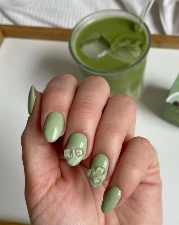 Matcha Nails with Ice Cubes