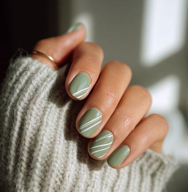 Matcha Nails with White Lines Minimalistic and Simple