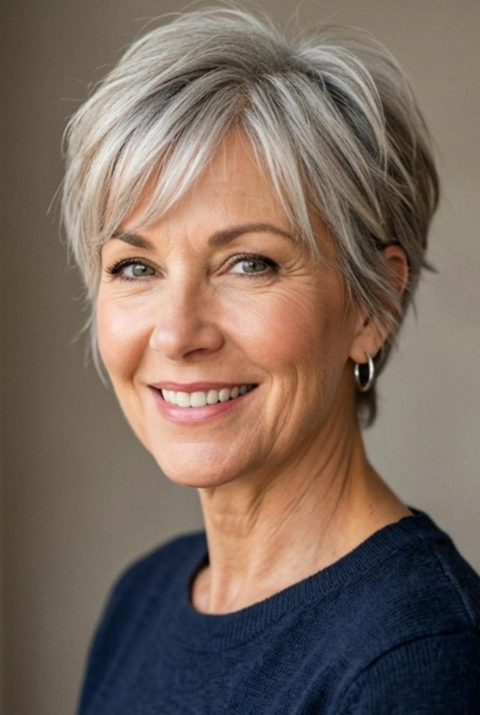 Gray Curtain Bangs Pixie Cut