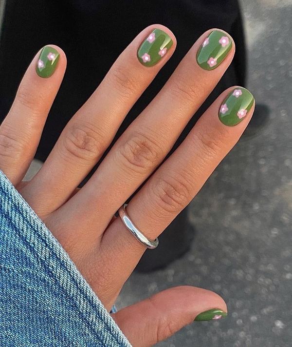 Matcha Nails with Pink Flowers