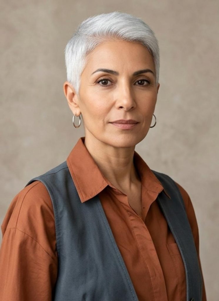 White-Gray Pixie with Super-Short Fringe Bangs
