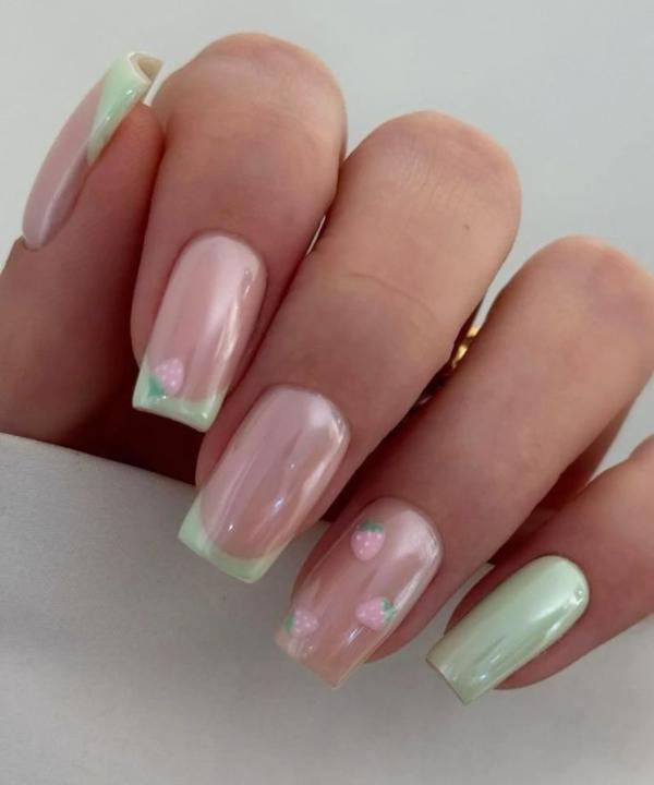 Strawberry Matcha Nails with French Tips
