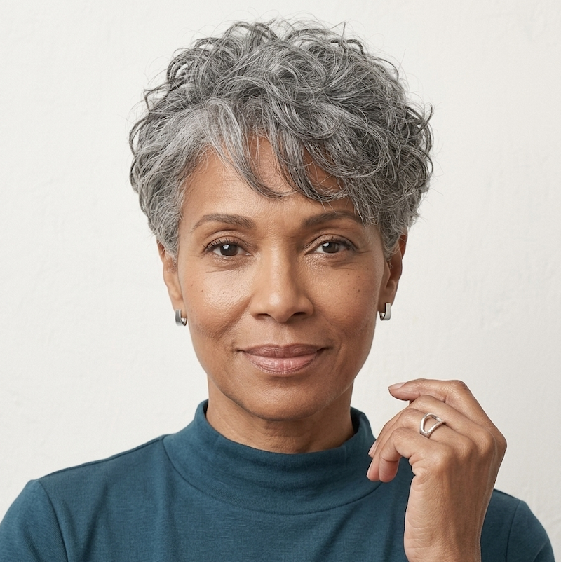 Voluminous Gray Pixie with Tapered Sides and Curls