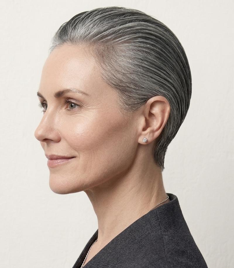 Gray Wet-Look Sleek-Back Pixie Hairstyle